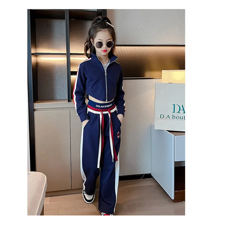 Girls’ Clothing Set – 2-Piece Casual Sportswear, Striped Short Top & Wide-Leg Pants, Elastic Waist, Ages 4–15