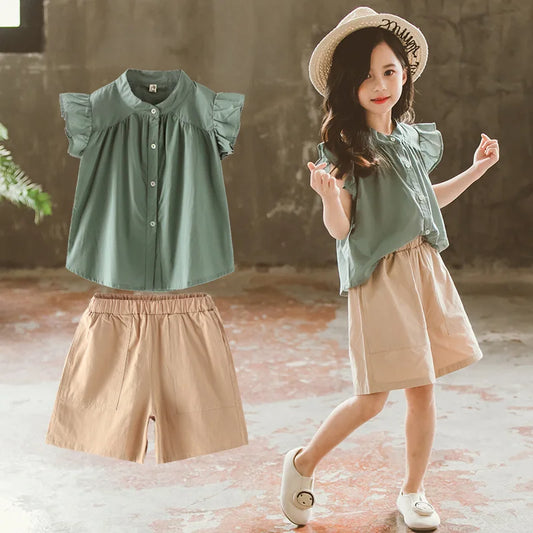 Girls’ Summer Outfit – Flying Sleeve Blouse & Loose Shorts Set, Casual Leisure Wear for Teens Ages 7-14