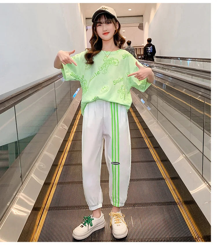 Teen Girls’ Sports Set – Letter Print Short T-Shirt & Striped Pants, Kids’ Tracksuit for Ages 5-14