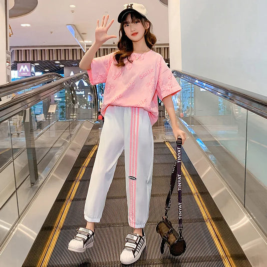 Teen Girls’ Sports Set – Letter Print Short T-Shirt & Striped Pants, Kids’ Tracksuit for Ages 5-14