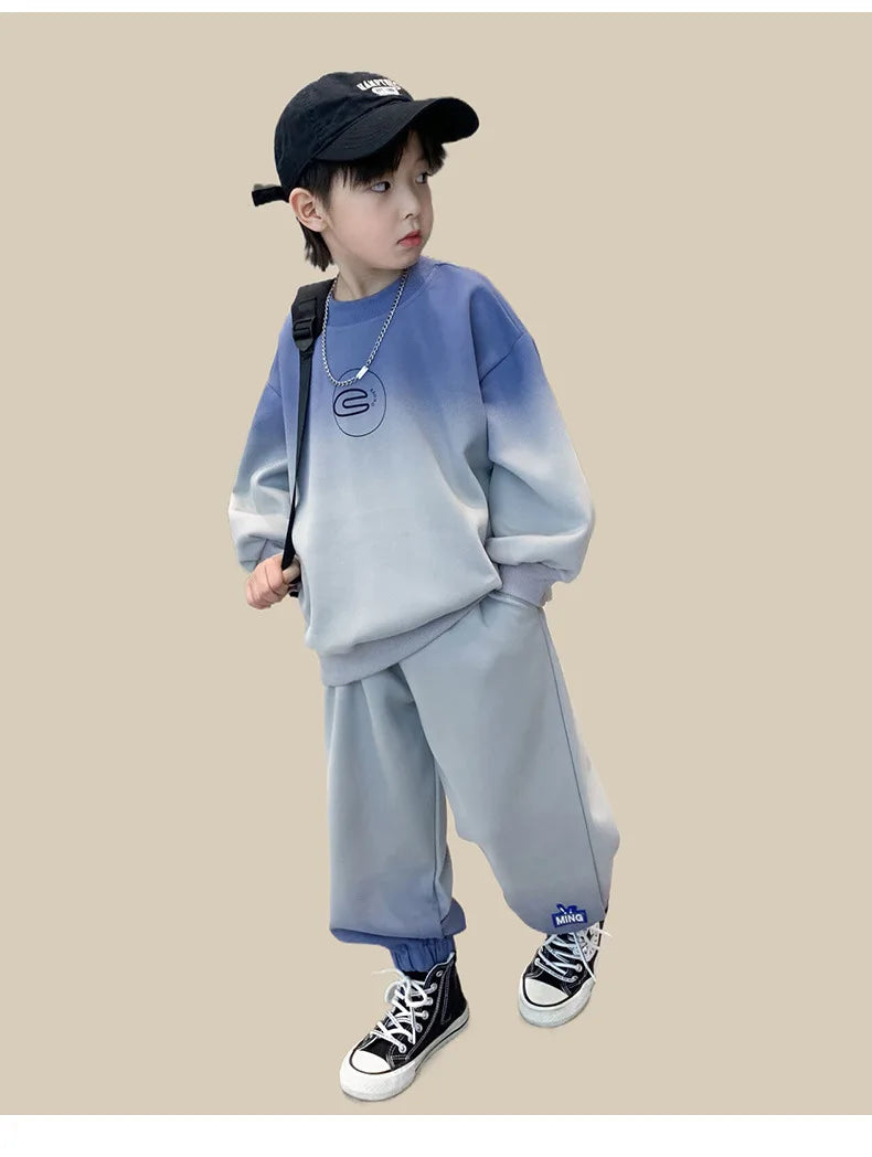 Spring Teen Boys 2-Piece Tracksuit – Gray Tie-Dye Hoodie & Jogger Pants, Sporty Cotton Outfit