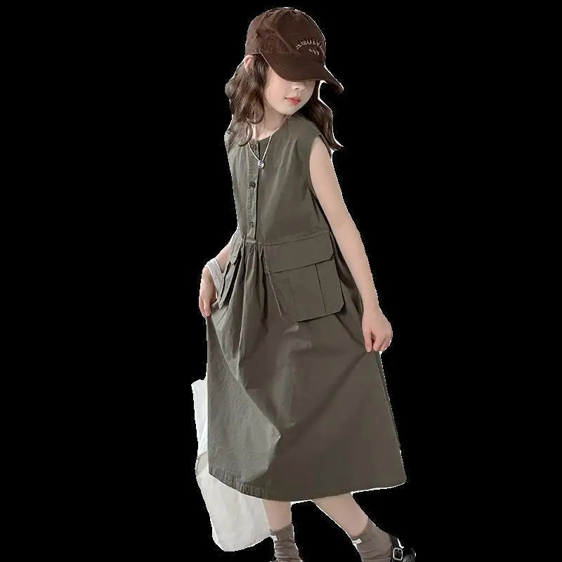 Kids Summer Sleeveless Cotton Dress for Girls (5–14 Years) – Long Casual Outfit for Children & Teens