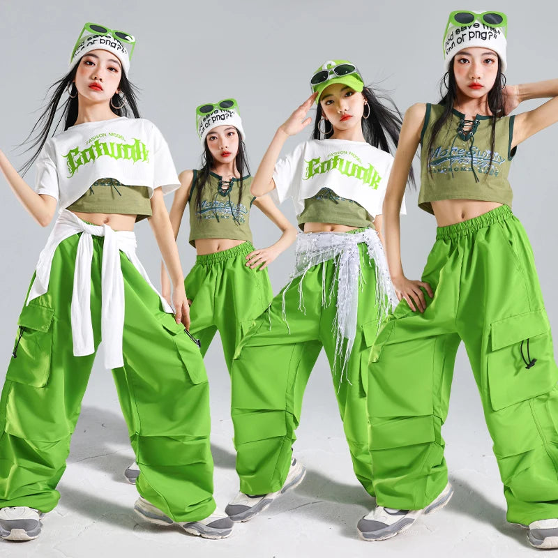Teen Girls’ Hip-Hop Fashion Set – T-Shirt & Pants Streetwear Outfit, Kids Rapper Stage Dance Costume