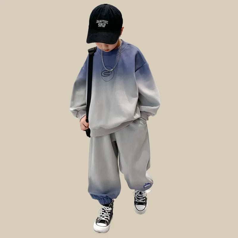 Spring Teen Boys 2-Piece Tracksuit – Gray Tie-Dye Hoodie & Jogger Pants, Sporty Cotton Outfit