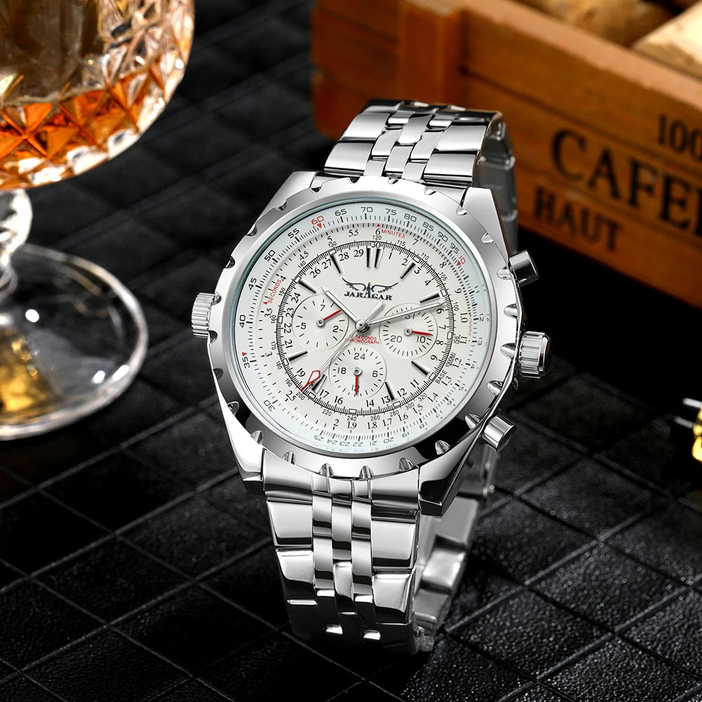 Original JARAGAR Sports Mens Watches Top Brand Luxury Automatic Mechanical Watch for Men Silver Stainless Steel Strap Military Wristwatch
