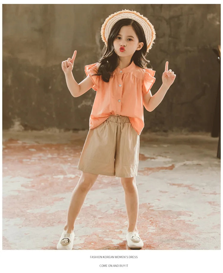Girls’ Summer Outfit – Flying Sleeve Blouse & Loose Shorts Set, Casual Leisure Wear for Teens Ages 7-14