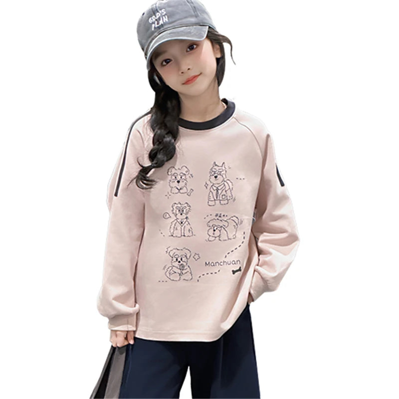 Long-sleeved Loose  Cartoon Print Tops  Age 5-14T
