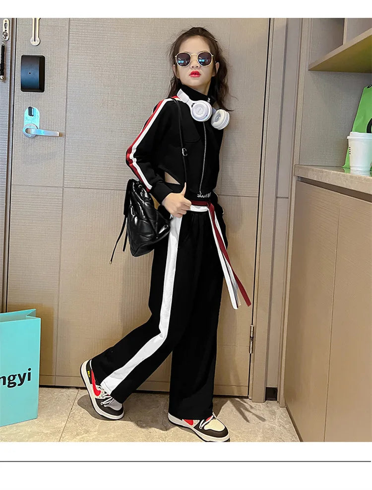 Girls’ Clothing Set – 2-Piece Casual Sportswear, Striped Short Top & Wide-Leg Pants, Elastic Waist, Ages 4–15