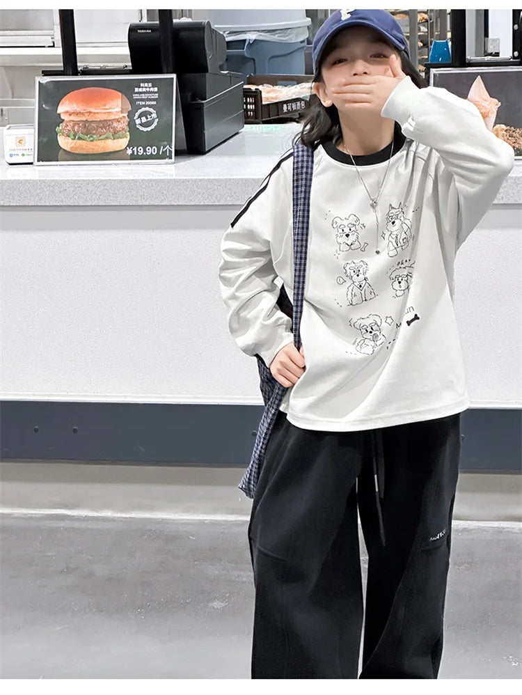 Long-sleeved Loose  Cartoon Print Tops  Age 5-14T