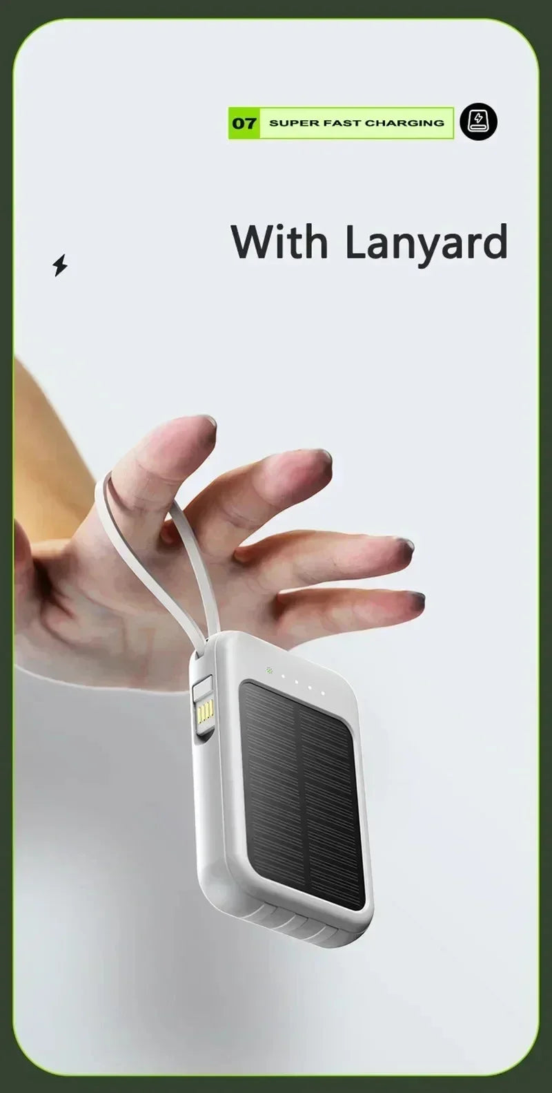 20000mAh Solar Power Bank with Built-In Cable – Dual USB Portable Charger & LED Light