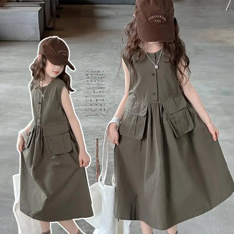 Kids Summer Sleeveless Cotton Dress for Girls (5–14 Years) – Long Casual Outfit for Children & Teens