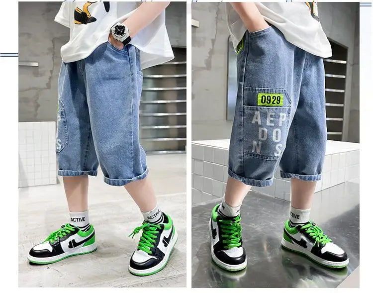 Boys’ Summer Denim Shorts – Lightweight Letter-Printed Casual Pants for Kids, Ages 4-10