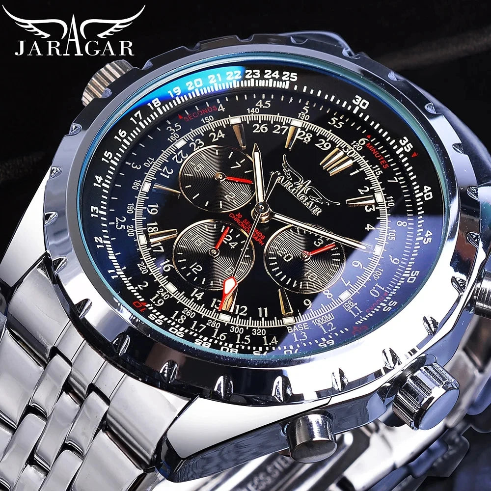 Original JARAGAR Sports Mens Watches Top Brand Luxury Automatic Mechanical Watch for Men Silver Stainless Steel Strap Military Wristwatch