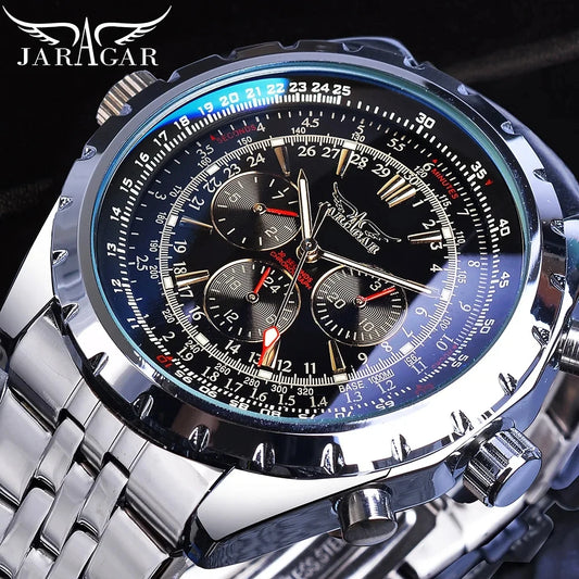 Original JARAGAR Sports Mens Watches Top Brand Luxury Automatic Mechanical Watch for Men Silver Stainless Steel Strap Military Wristwatch
