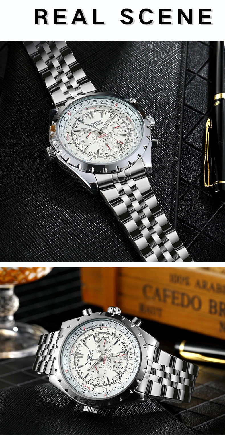 Original JARAGAR Sports Mens Watches Top Brand Luxury Automatic Mechanical Watch for Men Silver Stainless Steel Strap Military Wristwatch