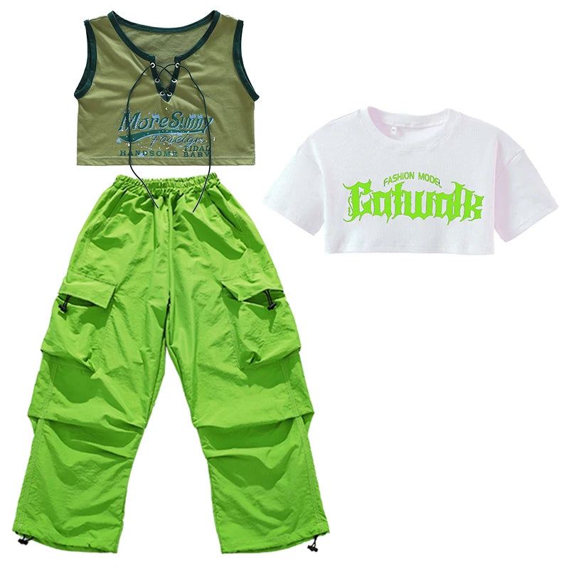 Teen Girls’ Hip-Hop Fashion Set – T-Shirt & Pants Streetwear Outfit, Kids Rapper Stage Dance Costume