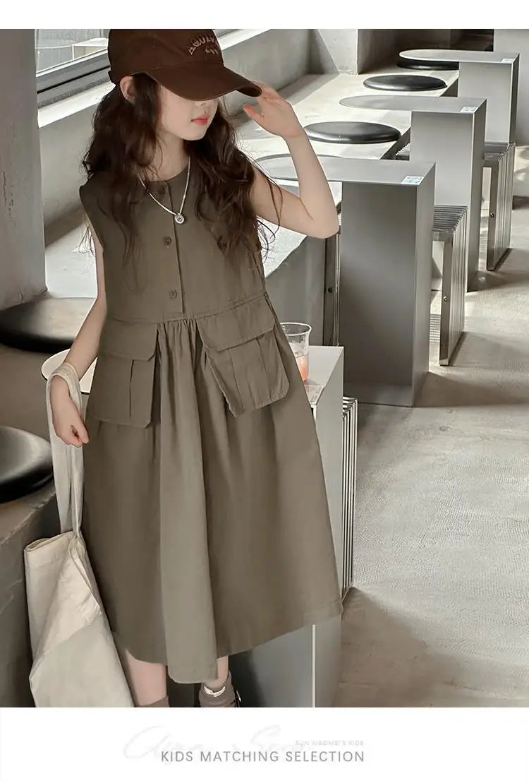 Kids Summer Sleeveless Cotton Dress for Girls (5–14 Years) – Long Casual Outfit for Children & Teens