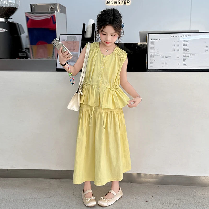 Girls’ Summer Clothing Set – Sleeveless Top & Skirt Suit with Drawstring (Ages 5–14)