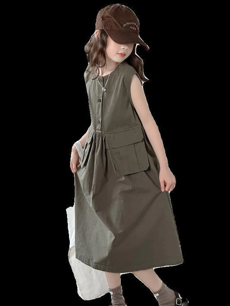 Kids Summer Sleeveless Cotton Dress for Girls (5–14 Years) – Long Casual Outfit for Children & Teens