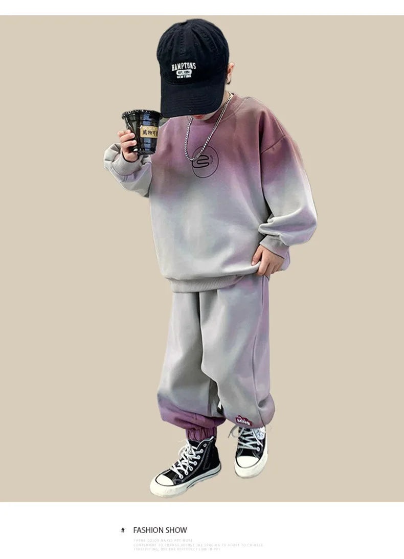 Spring Teen Boys 2-Piece Tracksuit – Gray Tie-Dye Hoodie & Jogger Pants, Sporty Cotton Outfit