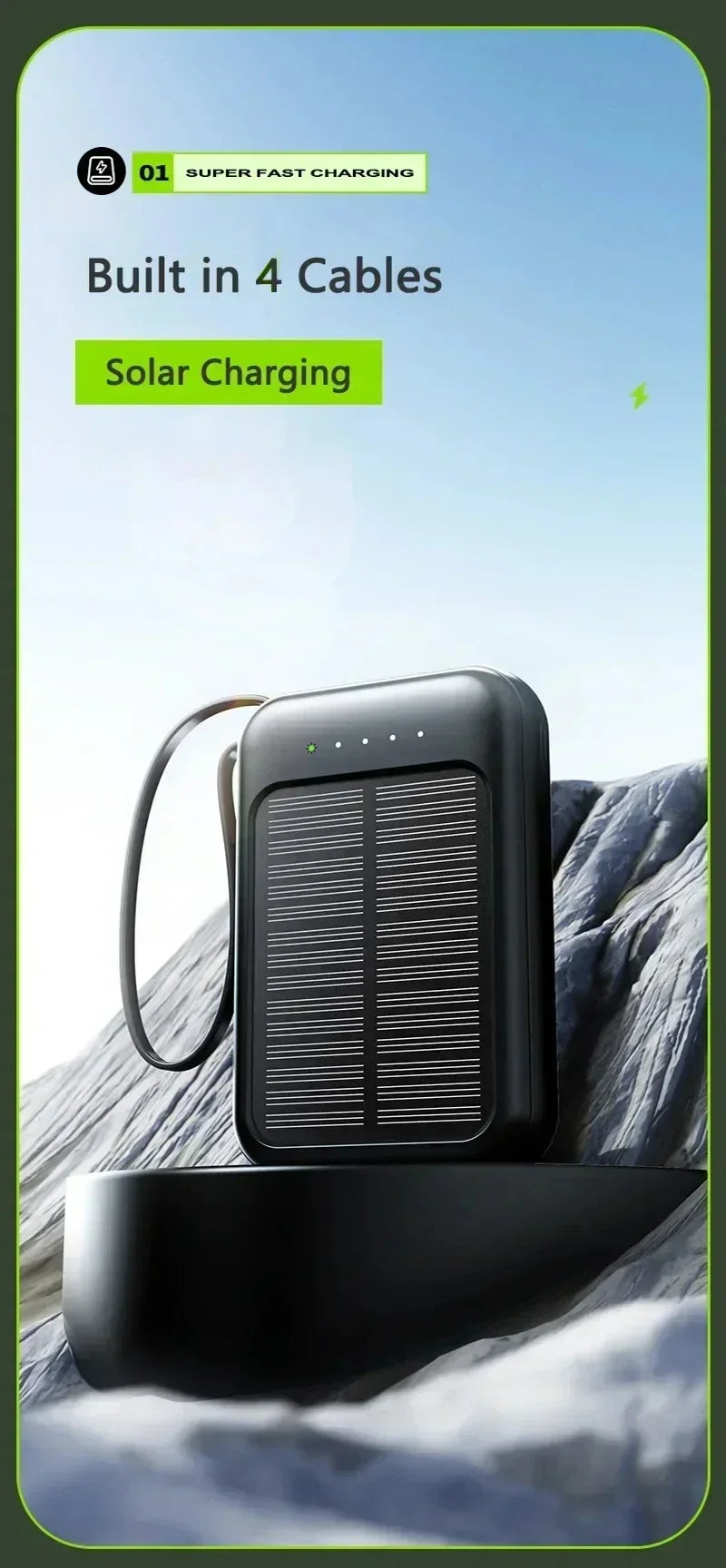20000mAh Solar Power Bank with Built-In Cable – Dual USB Portable Charger & LED Light